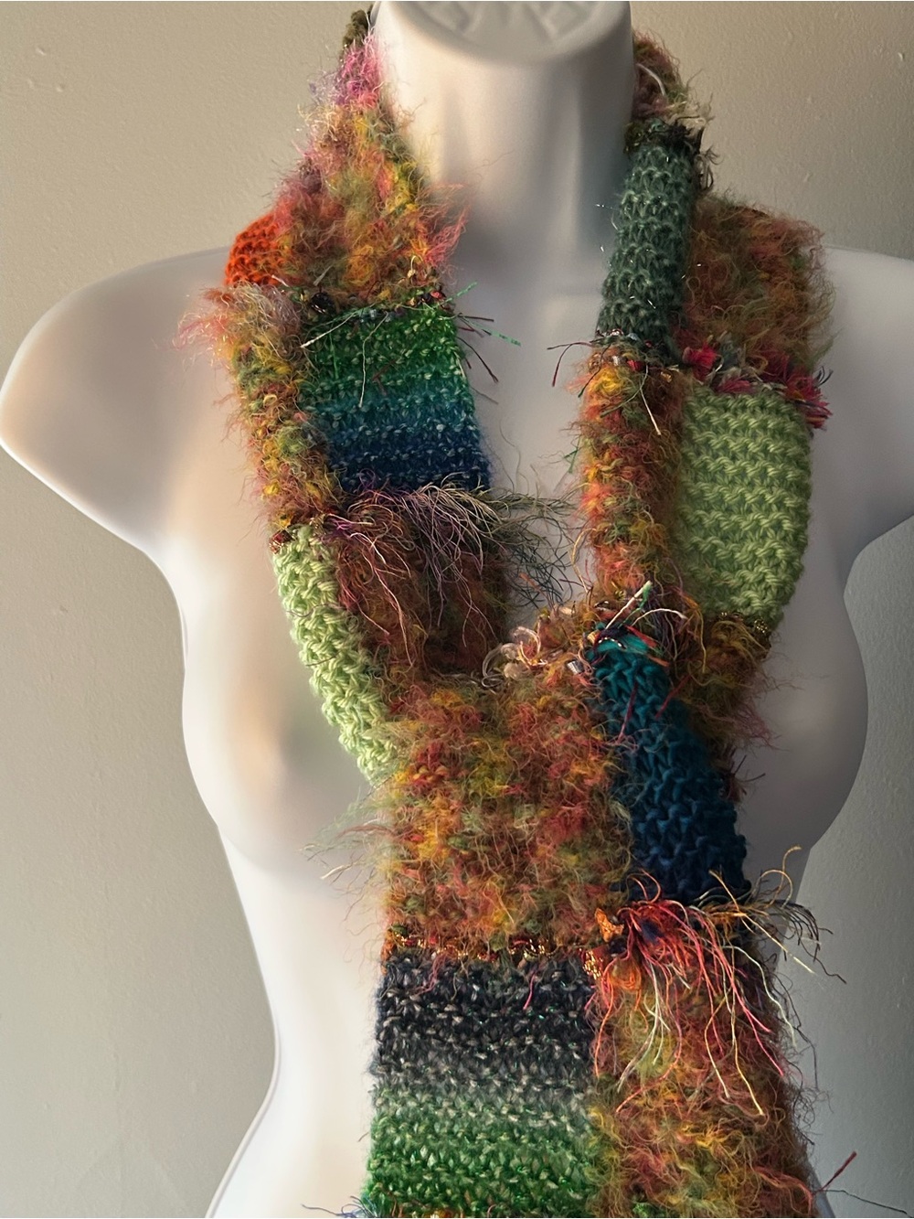 Multicolor Hand-Knit Women's Scarf with Green Accents